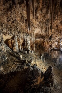 Stalactites and stalagmites, rock formations in a stalactite cave, Grotta del Fico, Gulf of Orosei, Baunei, Sardinia, Italy