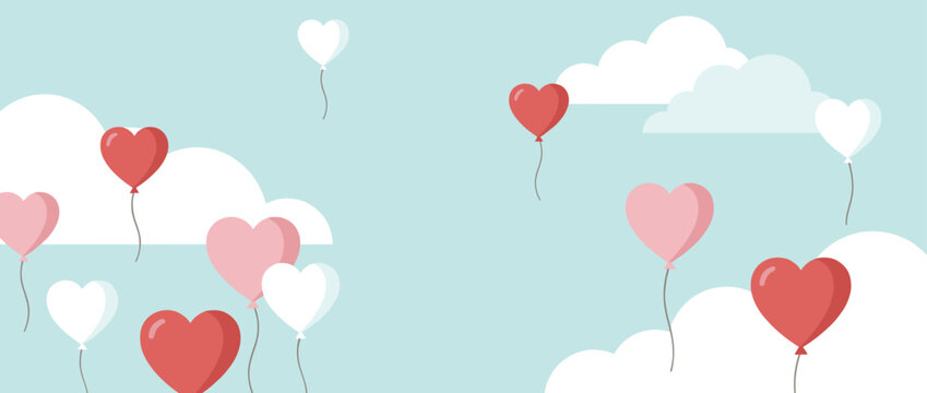 Red, pink, and white heart-shaped balloons floating gently in a pastel blue sky with simple white clouds, creating a romantic banner for Valentine's Day or a wedding