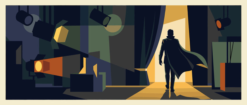 Silhouetted man in a long cape walks away from the camera through a dark backstage area towards a brightly lit doorway in a dramatic, cinematic vector illustration