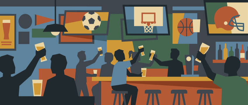 Flat vector illustration of silhouetted people watching sports on television screens in a crowded pub, cheering and raising glasses of beer to celebrate a victory