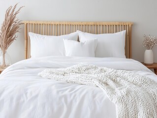 Obraz premium Stylish bamboo bedframe with white linens, accented with a knitted throw and neutral decor, cozy bedroom concept