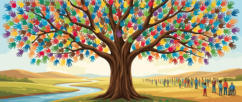 Large symbolic tree with diverse colorful hands for leaves stands in a vibrant landscape with a community of people, representing unity and inclusion