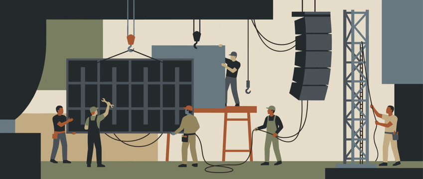 Team of event technicians working together to assemble a large stage with speakers and screens in a flat, stylized illustration showing concert preparation and teamwork