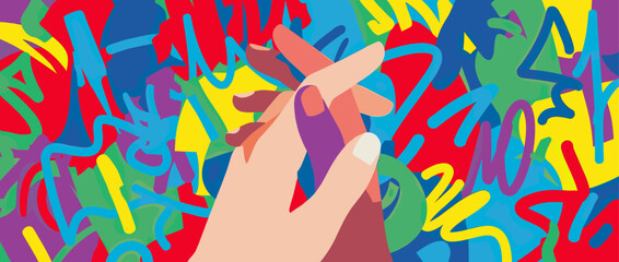 Two diverse human hands holding each other in a gesture of love and unity against a colorful abstract graffiti art background, representing support and connection