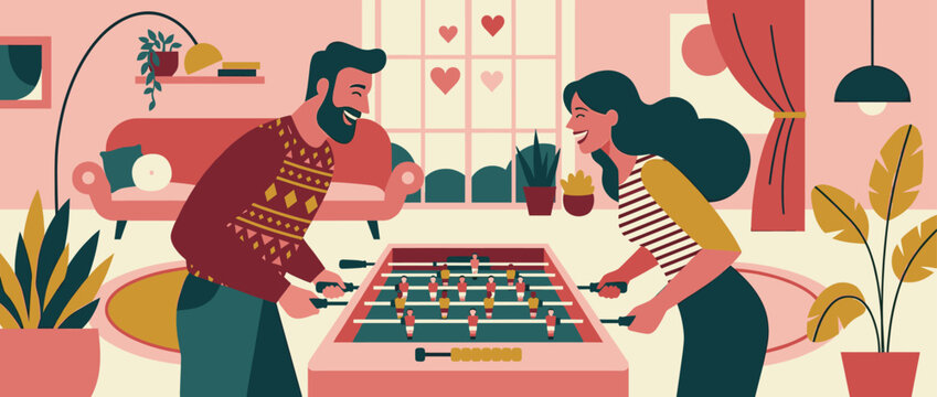Happy illustrated couple playing table football in a cozy living room, laughing and competing in a fun game during a romantic evening at home with hearts