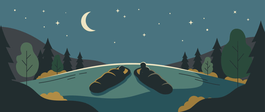 Two people in sleeping bags resting outdoors on a hill under a starry night sky with a crescent moon, a peaceful camping scene in a flat vector illustration style