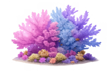 Colorful coral reef ecosystem forming an underwater marine habitat with diverse sea plants on transparent background