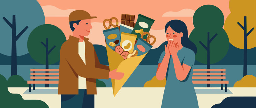 Young man giving a creative bouquet of snacks to a surprised and happy woman during a romantic date in a beautiful park at sunset in a flat vector illustration style