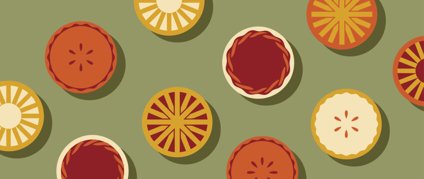 Collection of various autumn holiday pies with different crust designs and fillings, illustrated in a flat graphic style with a top-down view on a muted green background