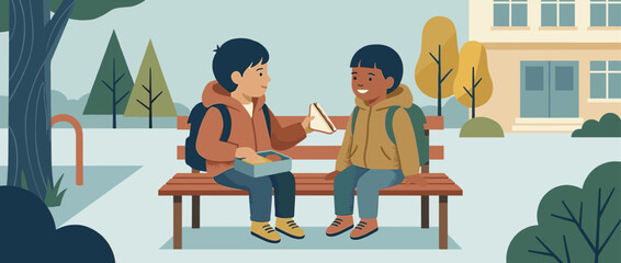 Two diverse young schoolboys sitting on a bench in a schoolyard, one kindly sharing a sandwich from his lunchbox with his smiling friend in a heartwarming illustration