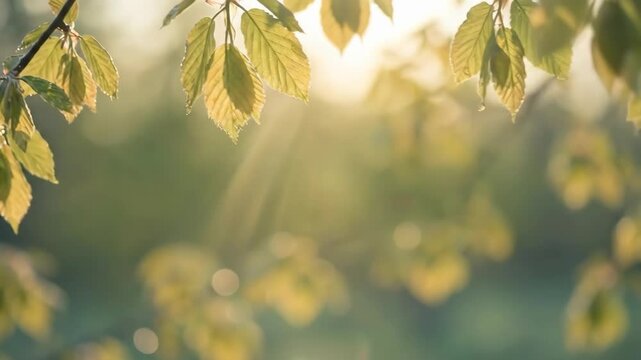 fresh start typography on sunny nature background. green leaves on tree branch with bokeh lights. spring season motivation concept. greeting card