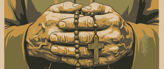 Praying hands holding a wooden rosary with a cross in a graphic, vintage illustration style with a limited color palette and textured details, conveying faith and contemplation