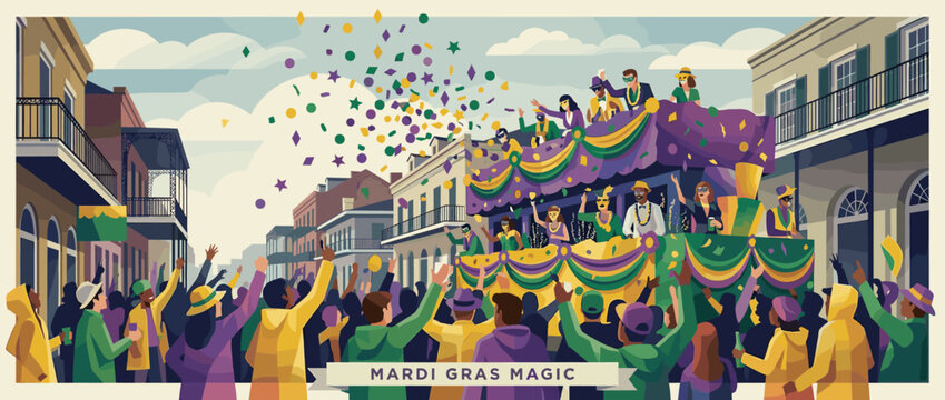 Colorful Mardi Gras parade float illustration with people in masks throwing confetti to a cheering crowd on a city street during a festive carnival celebration