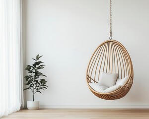 Bamboo hanging chair with a soft cushion, placed near a window with sheer curtains, modern relaxation nook