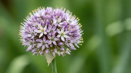 Fototapeta premium Onion flower, closeup of a blooming purple allium flower head with a soft, blurred green background in a garden setting
