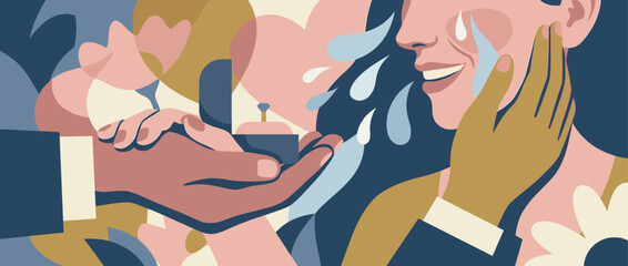 Romantic marriage proposal illustration showing a man's hand holding a diamond ring for a surprised woman crying tears of joy in a modern, flat, abstract style with colorful shapes