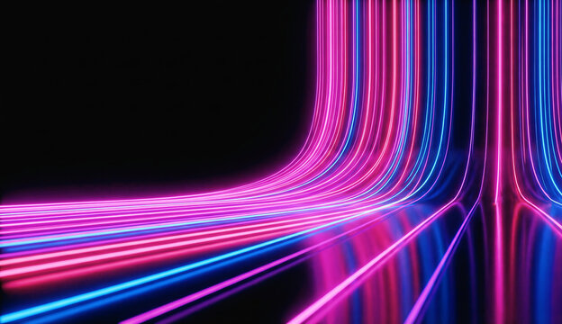 astract Neon Light Lines Background - Blue and Pink Glowing Curved Laser Beams in Dark Space