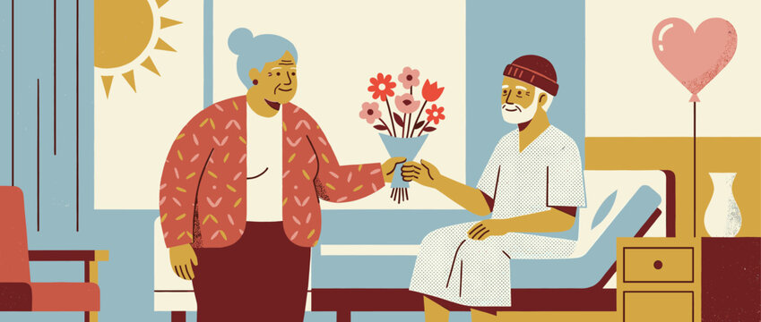 Elderly woman giving a flower bouquet to a sick senior man in a hospital bed, a caring and supportive scene illustrated in a warm, flat, and textured graphic style