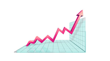 3D pink graph with upward trend on grid background isolated on a transparent background