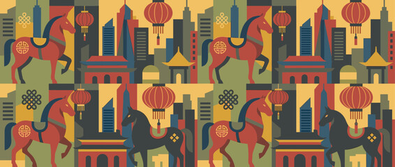 Seamless decorative pattern with stylized Asian horses, red lanterns, and an endless knot symbol set against a colorful cityscape with traditional and modern architecture