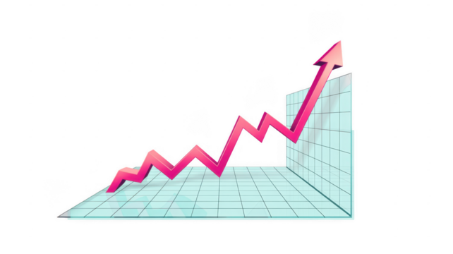 3D pink graph with upward trend on grid background isolated on a transparent background - Powered by Adobe