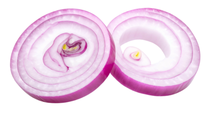 Two translucent red onion slices, cut horizontally, with visible rings, isolated on black