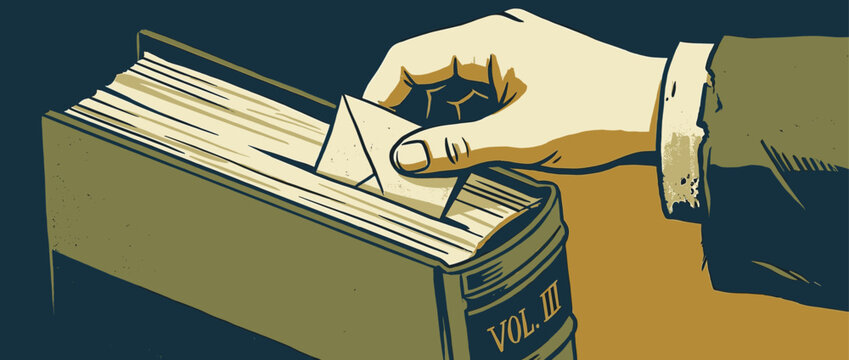 Man's hand placing a secret envelope inside a vintage hardcover book volume three in a graphic retro illustration style with a distressed texture on a dark background