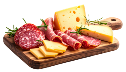 A charcuterie board with cheese, salami, and rosemary sprigs. Wooden surface
