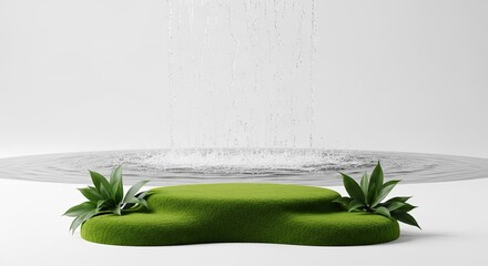 Serene podium with green moss, verdant leaves, and flowing water for product display and