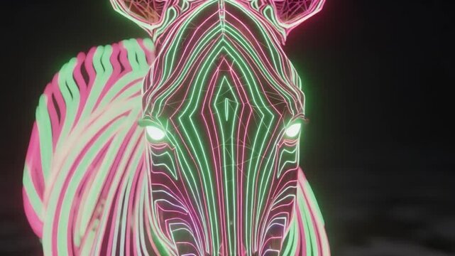 Vibrant neon zebra illustration viewed closely in a dark environment
