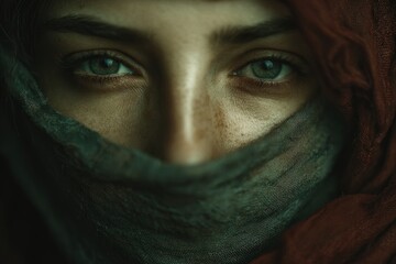 Woman's face with intense green eyes peering over a headscarf in dark tones