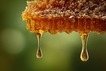 Close-up of honeycomb with golden honey dripping, blurred green background