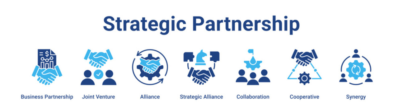 Strategic Partnership web banner icon vector illustration concept for business with icon of Business Partnership, Joint Venture, Alliance, Strategic Alliance, Collaboration.