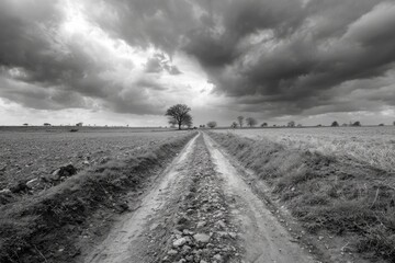 Rural path cutting through fields, a lonely tree under dramatic clouds