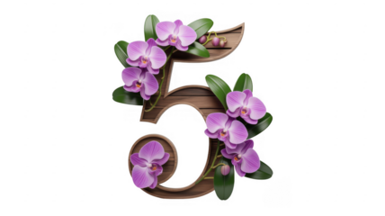 Wooden number 5 with purple flowers orchids decoration isolated on a transparent background