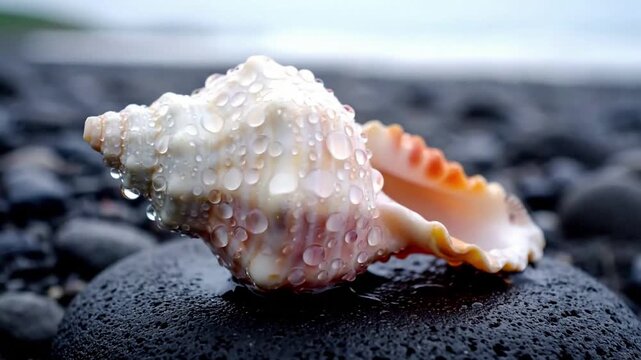 Time lapse of various small, colorful seashells being gently washed ashore by soft ocean waves on a pristine, sandy beach at sunrise or sunset. Landscape, atmospheric