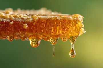 Close-up of golden honey dripping from a honeycomb against a blurred green backdrop
