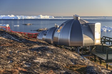 Igloos, Igloo Hotel, Hotel Arctic in Midnight Sun, Ilulissat, Disko Bay, West Greenland, Greenland