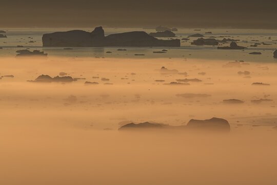 Icebergs in the fog, midnight sun, summer, Ilulissat, Ilulissat Icefjord, Disko Bay, West Greenland, Greenland
