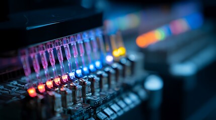 Close-up of circuit board with connected multi-colored tubes glowing, science lab concept