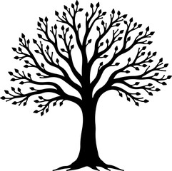 Obraz premium Majestic Tree with Full Canopy SilhouetteFlourishing Tree of Life Black IllustrationSpreading Branches Tree Silhouette Design