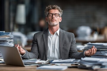Businessman finding peace through meditation at his cluttered office desk