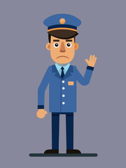 Obraz premium Unhappy security guard waving hand in warning gesture saying stop, perfect for infographic design