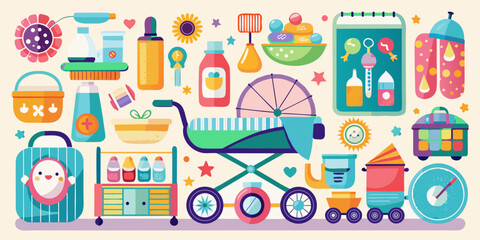 Fototapeta premium Colorful baby items and toys for nursery and parenting needs in colorful pastel tone vector illustration