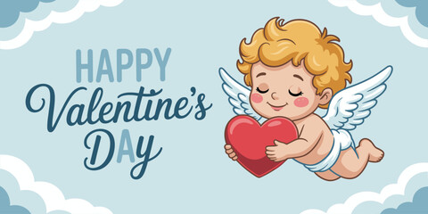 Fototapeta premium Cute cartoon cupid flying with heart for Happy Valentines Day greeting card holiday celebration romantic love message character illustration for social media marketing banner template seasonal adverti