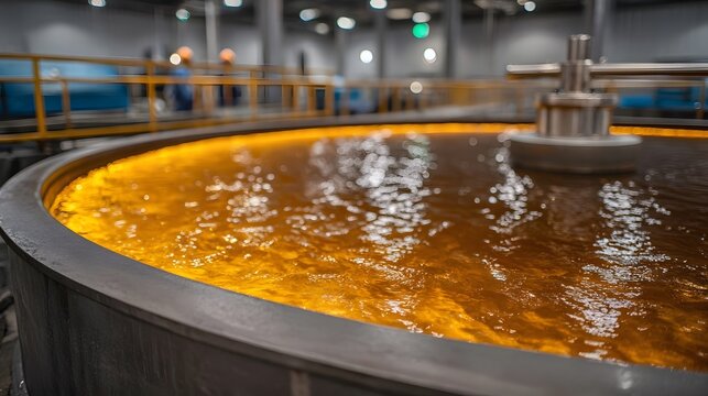 Industrial mixing tank with turbulent amber liquid and central agitator in a processing facility