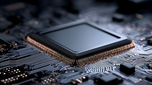 A close-up view of a central processing unit (CPU) on a circuit board, showcasing intricate connections - Powered by Adobe