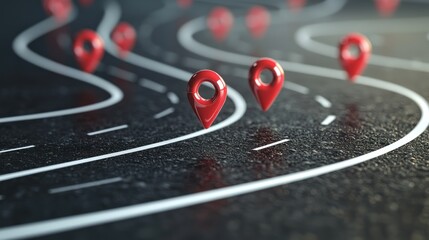 Road markers on winding asphalt surface