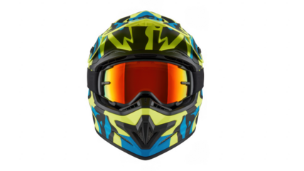 Yellow and blue motorcycle helmet with orange visor isolated on a transparent background