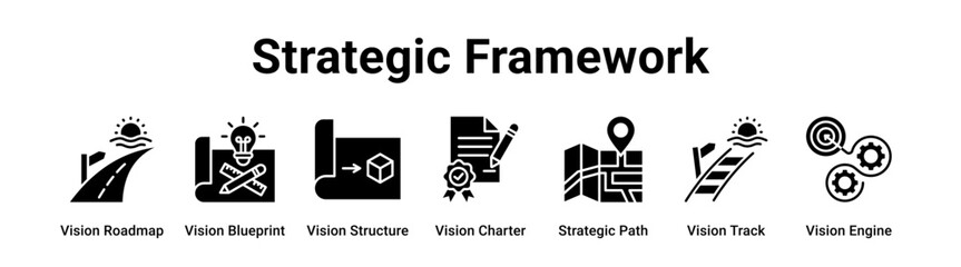 Strategic Framework web banner icon vector illustration concept for business with icon of Vision Roadmap, Vision Blueprint, Vision Structure, Vision Charter, Strategic Path, Vision Track.